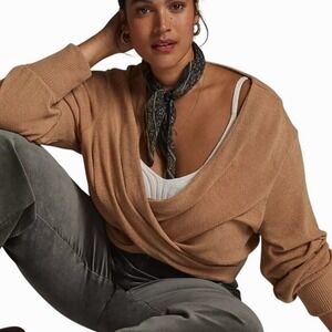 Anthropologie Twist-Front Knit Top‎ Large Tan Long Sleeve Casual Soft Sweater